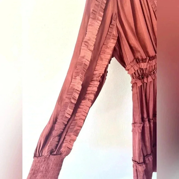 O.P.T. One Pretty Time Tianna Rust Long Sleeve Ruffle Silky Mini Dress Sz Small - Picture 5 of 14